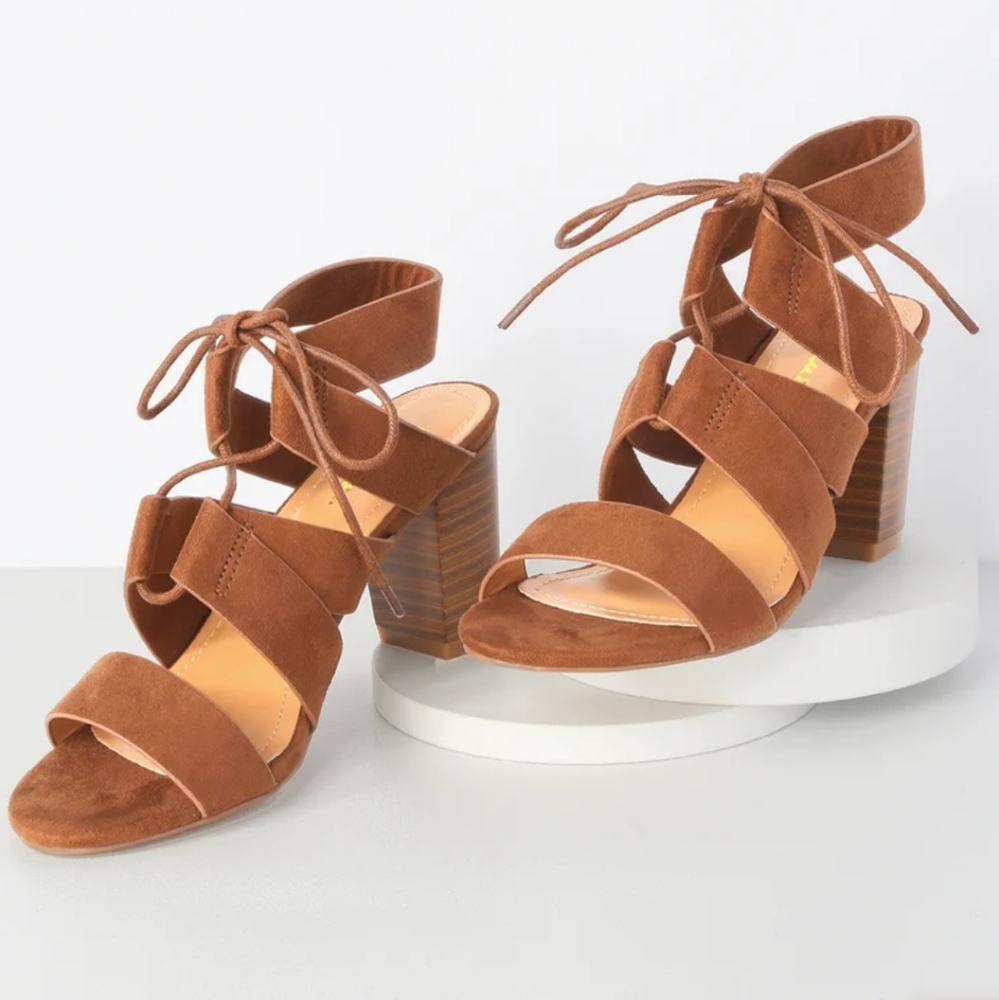 Lulu's Jelena Camel Suede Lace-Up Heels